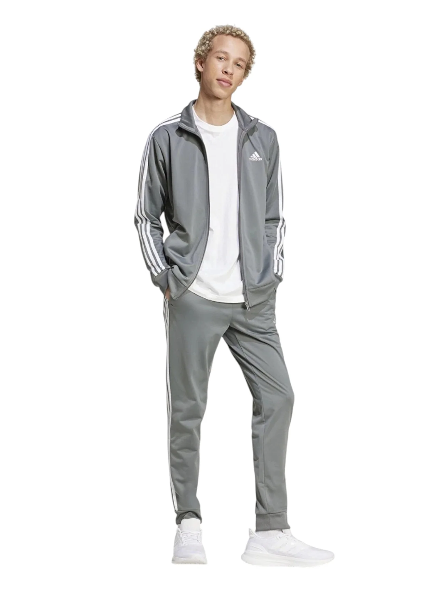 Adidas Logo Design Silver Men’s Zip-Up Tracksuit Set