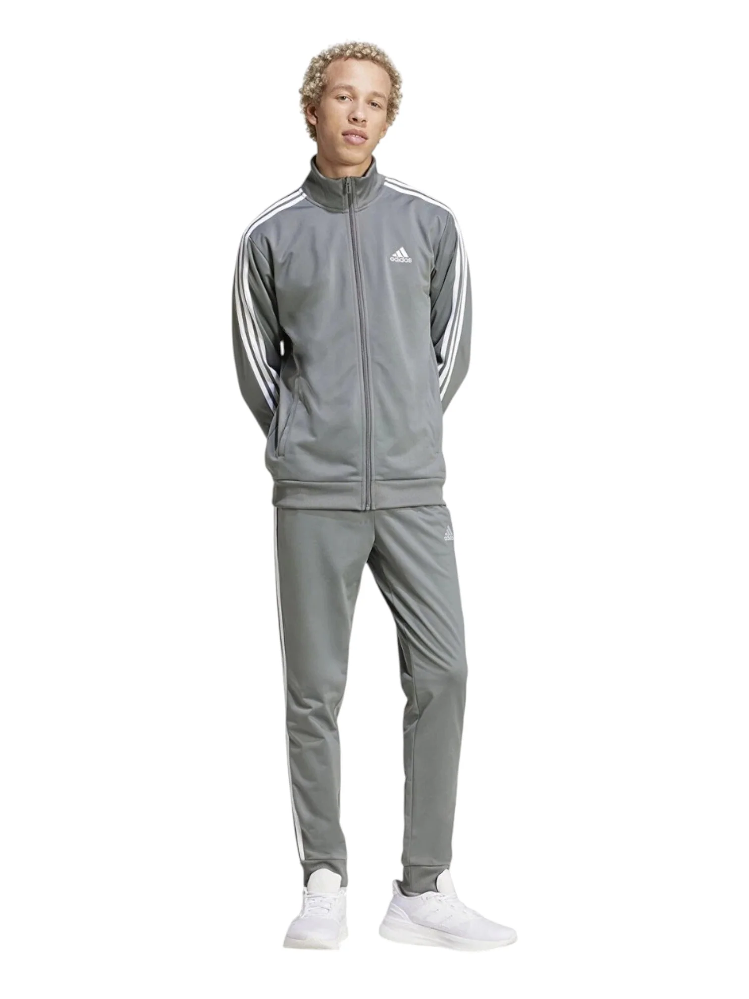 Adidas Logo Design Silver Men’s Zip-Up Tracksuit Set - Image 3