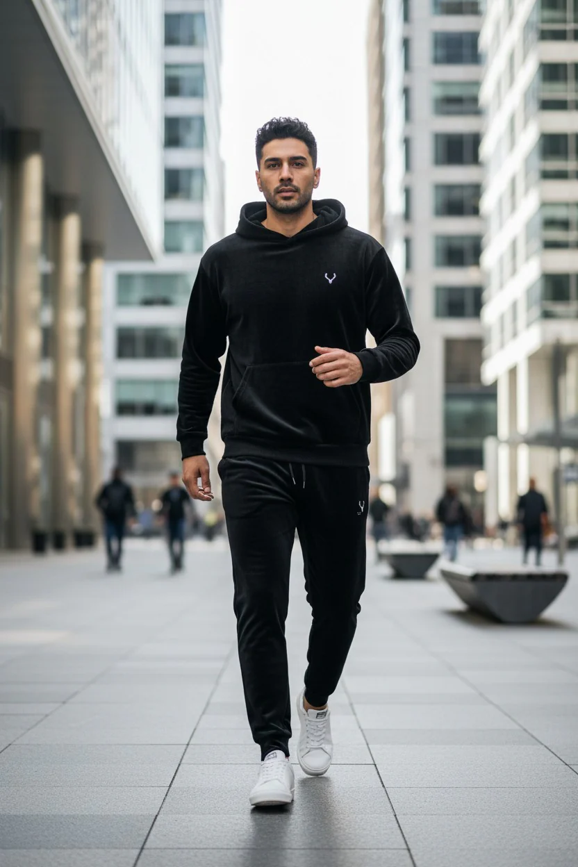 Antler Logo Design Black Velvet Men's Hoodie & Pants Set