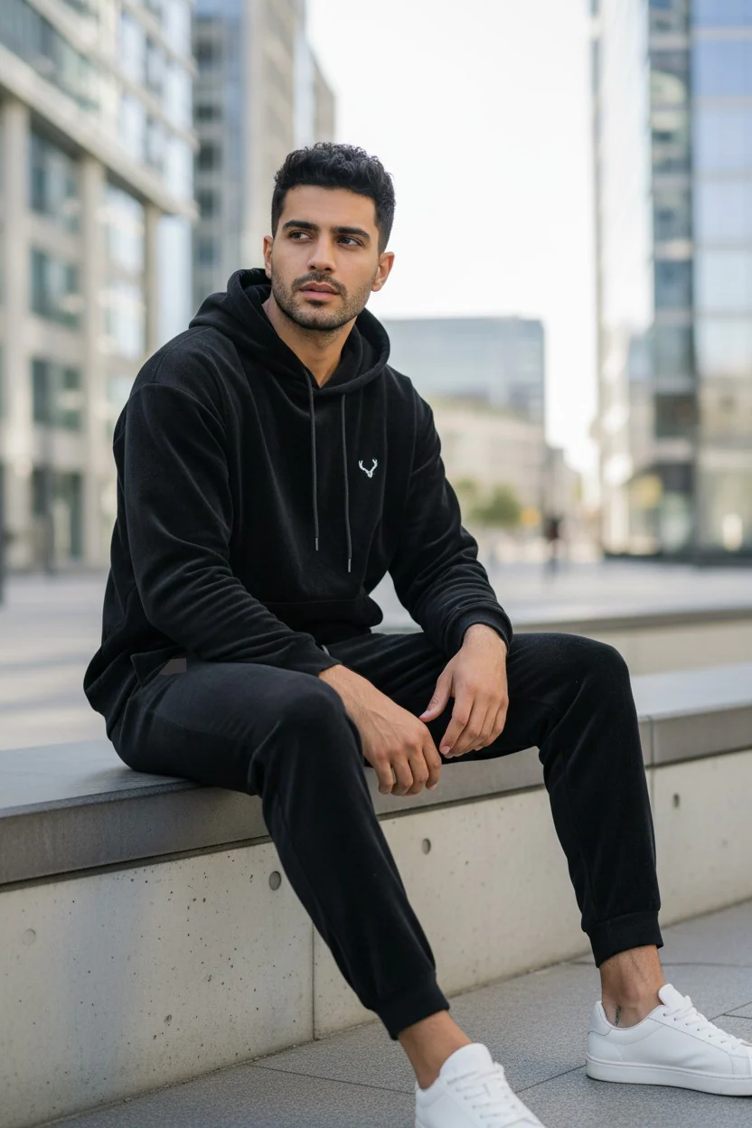 Antler Logo Design Black Velvet Men's Hoodie & Pants Set - Image 2