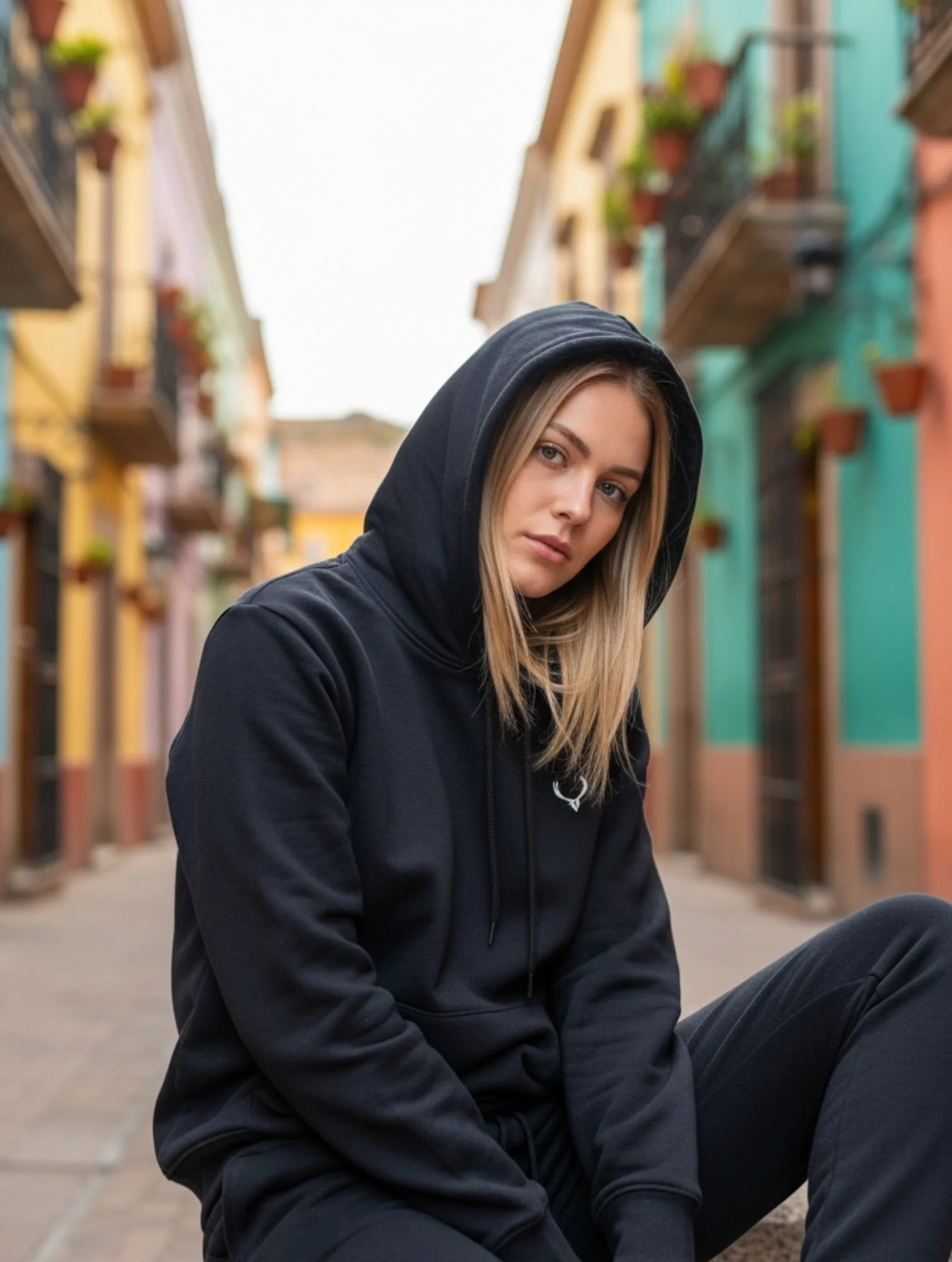 Antler Logo Design Black Women's Hoodie & Pants Set - Image 2