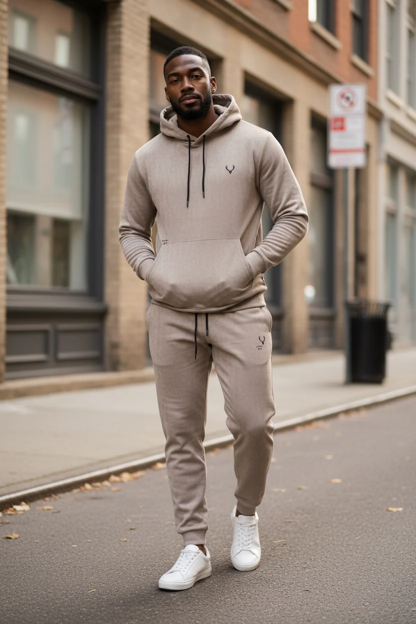 Antler Logo Design Caramel Velvet Men's Hoodie & Pants Set - Image 2