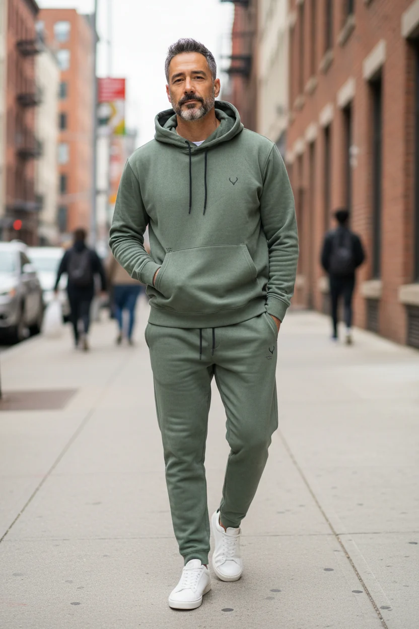 Antler Logo Design Green Velvet Men's Hoodie & Pants Set