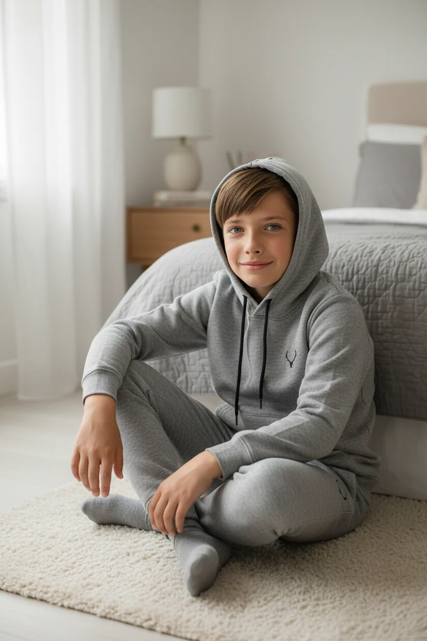 Antler Logo Design Light Gray Boy's Hoodie & Pants Set