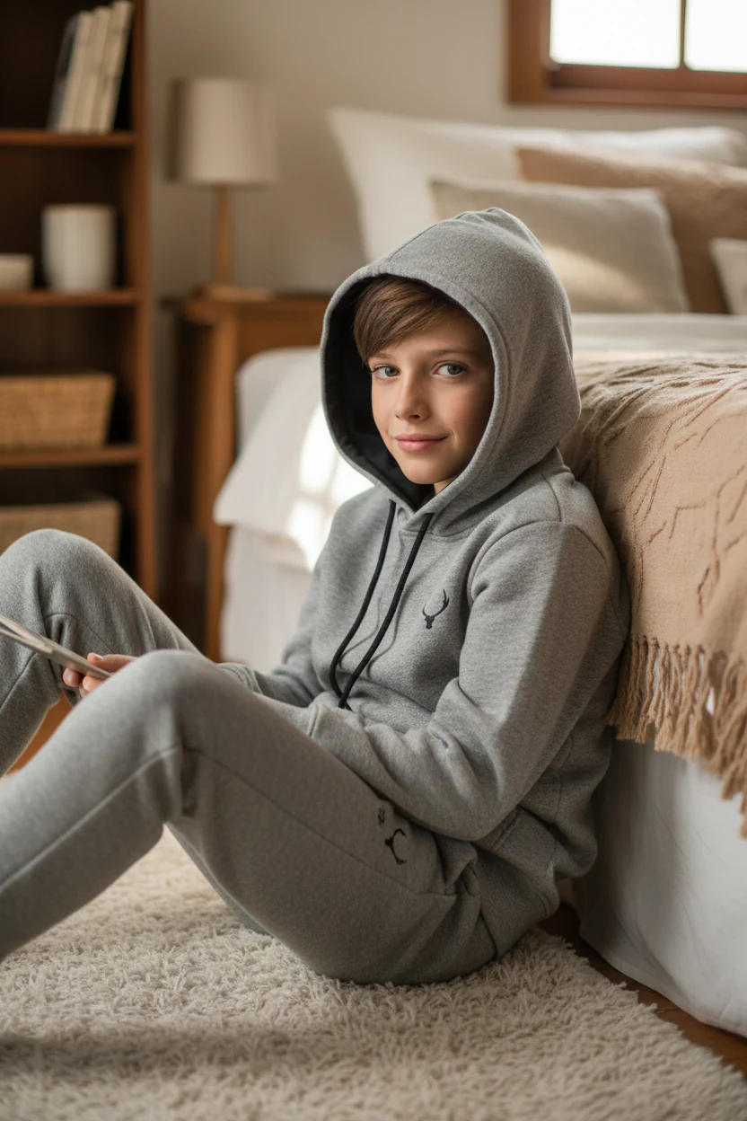 Antler Logo Design Light Gray Boy's Hoodie & Pants Set - Image 2