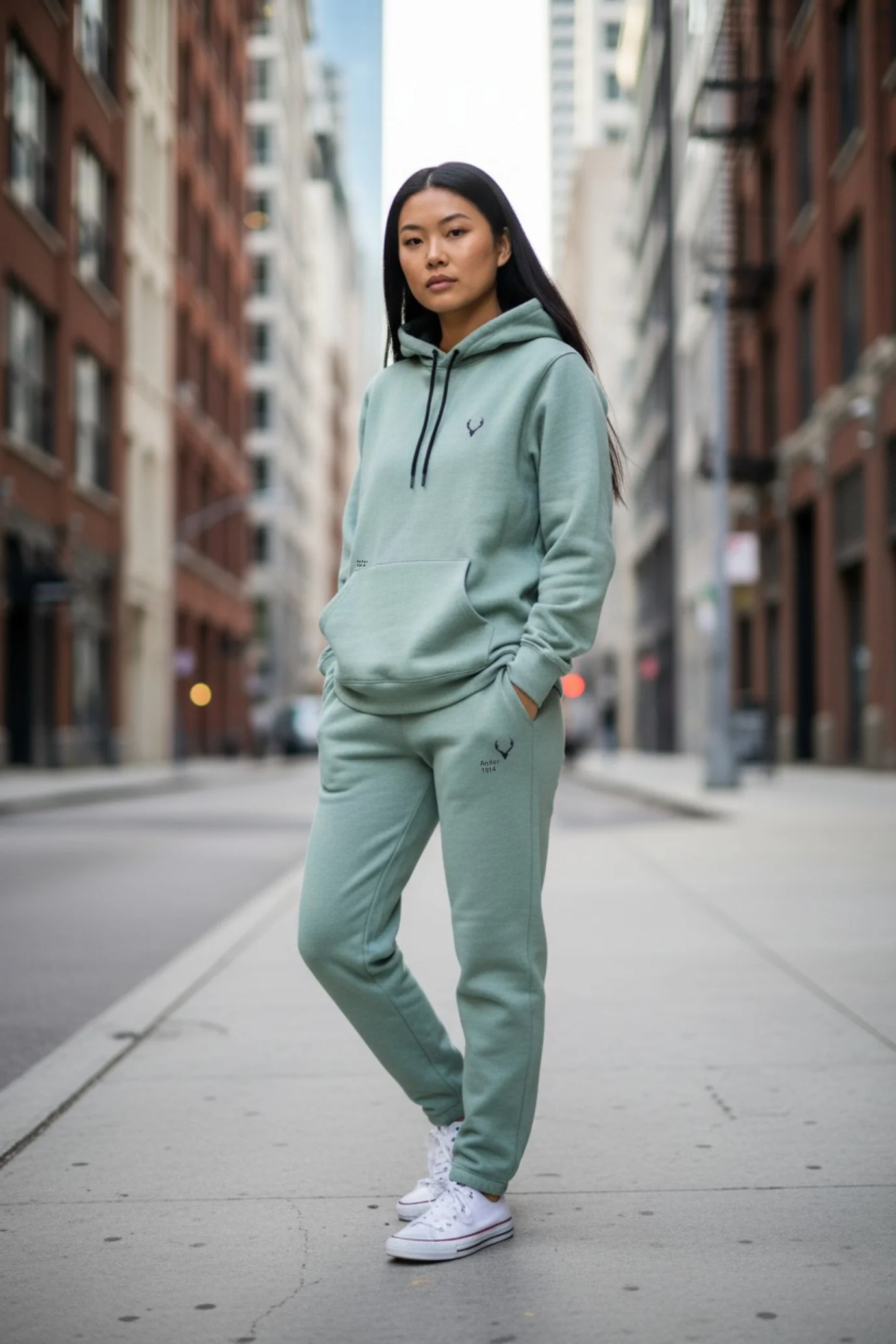 Antler Logo Design Light Green Women's Hoodie & Pants Set