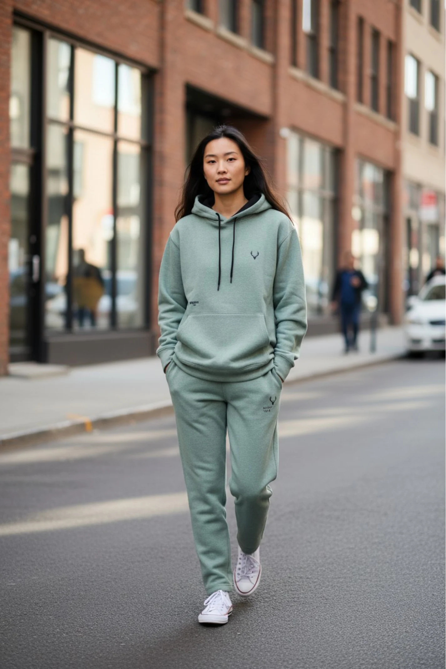 Antler Logo Design Light Green Women's Hoodie & Pants Set - Image 2