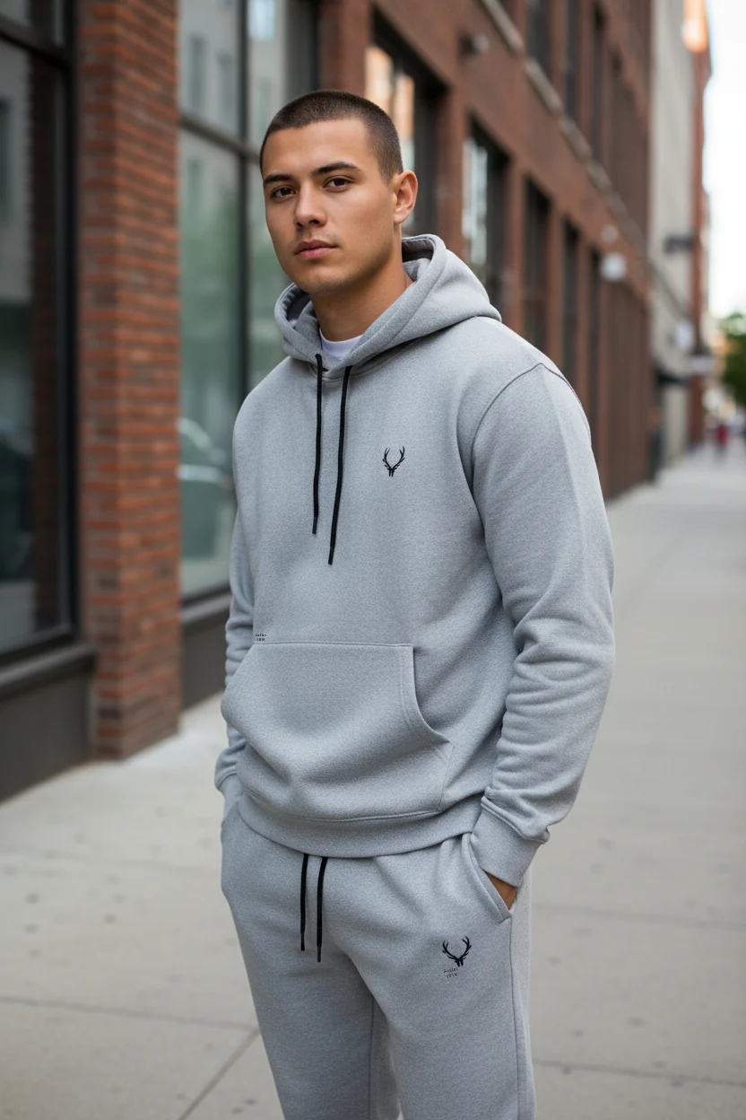 Antler Logo Design Silver Velvet Men's Hoodie & Pants Set