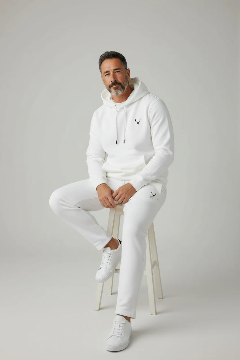 Antler Logo Design White Men's Hoodie & Pants Set