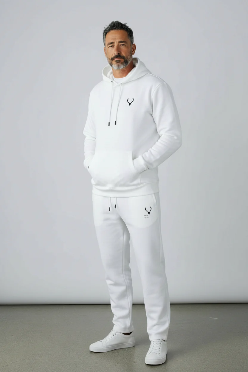 Antler Logo Design White Men's Hoodie & Pants Set - Image 2