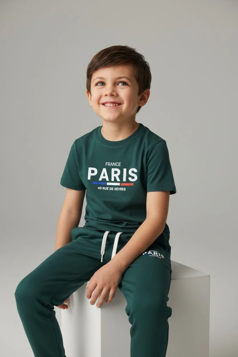 Children & Teen Paris Logo Design Green T-Shirt & Pants Set