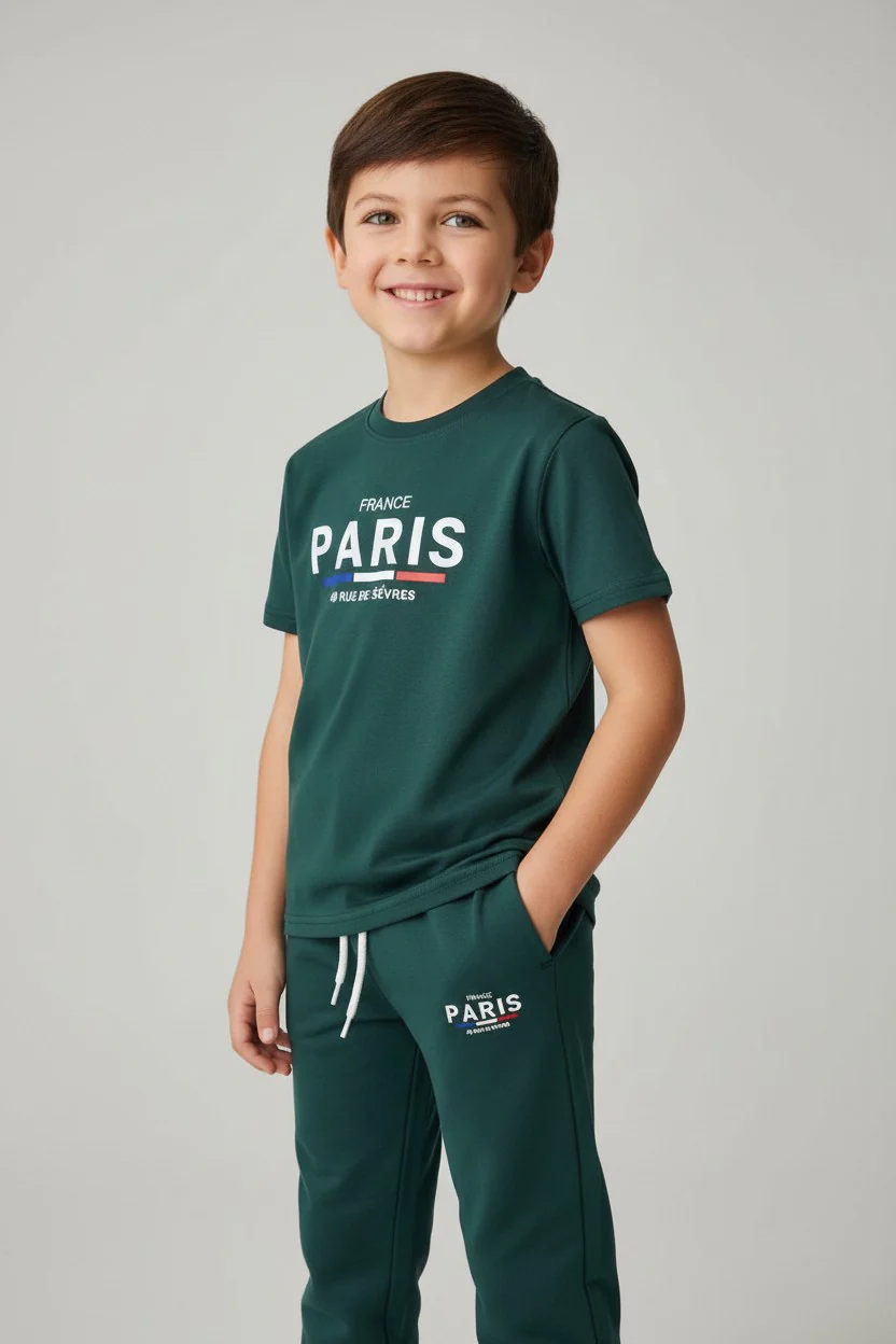 Children & Teen Paris Logo Design Green T-Shirt & Pants Set - Image 2