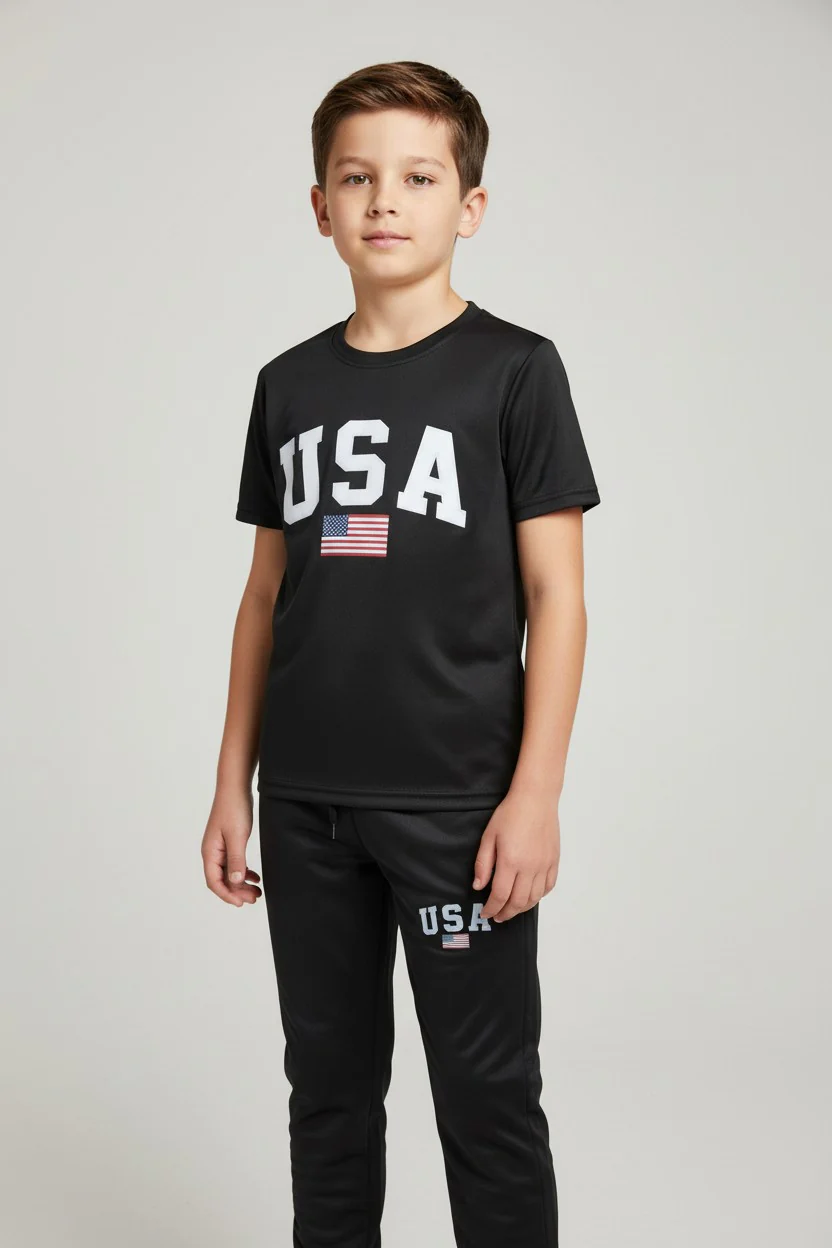 Children & Teen USA Logo Design Black T-Shirt & Pants Set