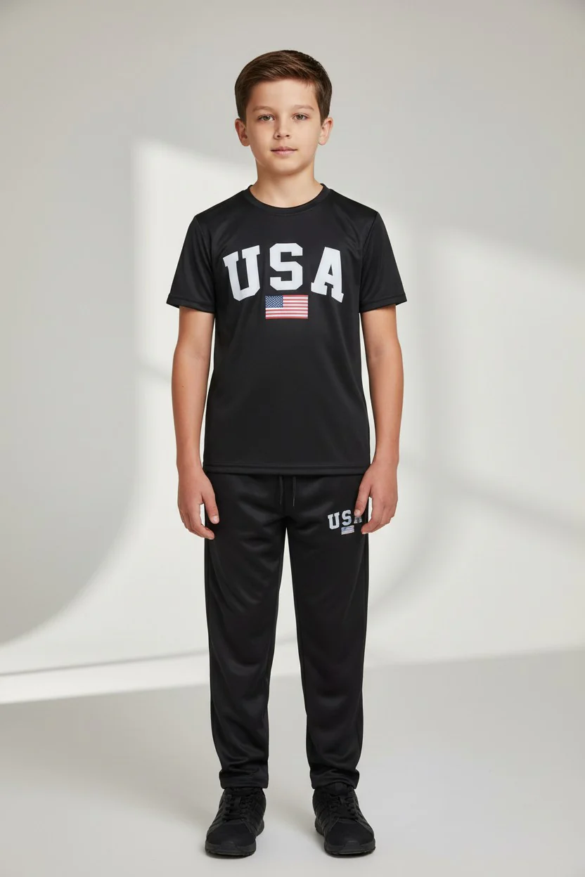 Children & Teen USA Logo Design Black T-Shirt & Pants Set - Image 2
