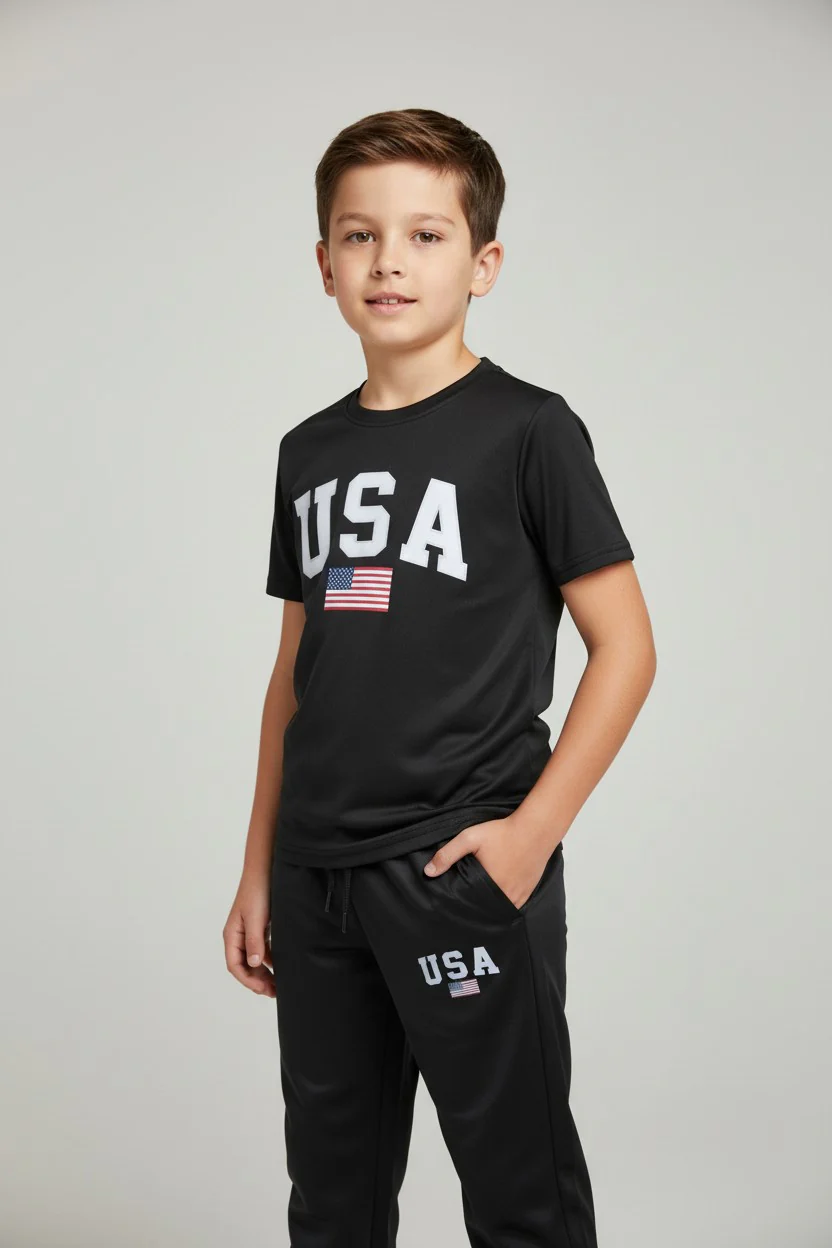 Children & Teen USA Logo Design Black T-Shirt & Pants Set - Image 3