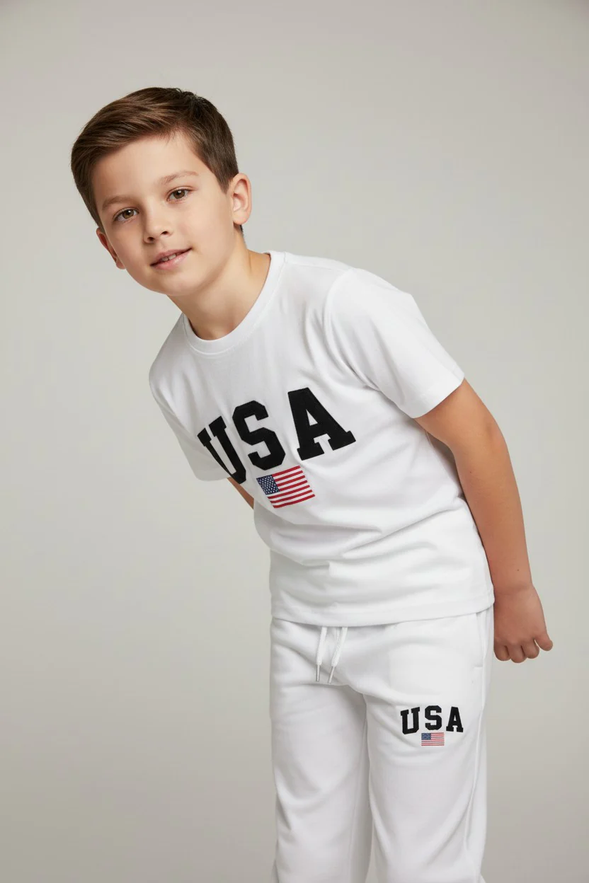 Children & Teen USA Logo Design White T-Shirt & Pants Set