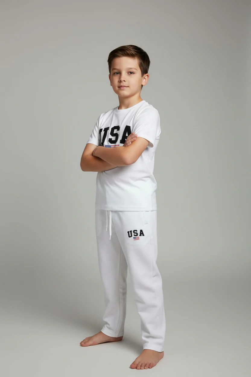 Children & Teen USA Logo Design White T-Shirt & Pants Set - Image 2