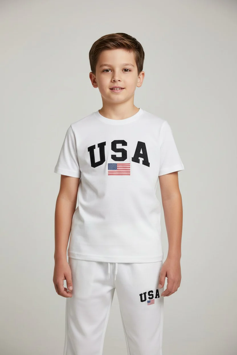 Children & Teen USA Logo Design White T-Shirt & Pants Set - Image 3