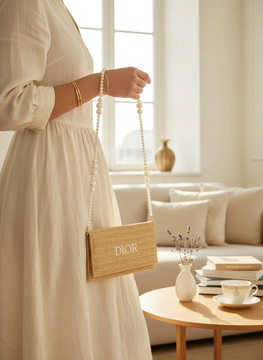 Dior Beauty Raffia Pouch With Pearl Strap - Image 2