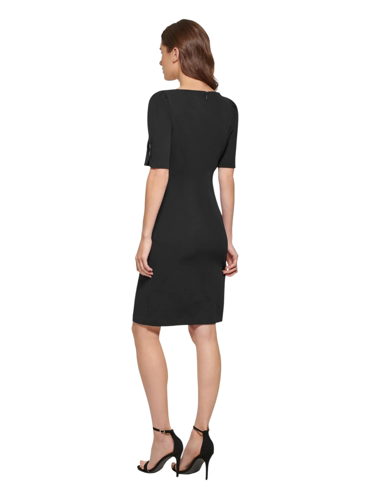 DKNY Women's Black Button Short Sleeve Ruched Sheath Dress - Image 5