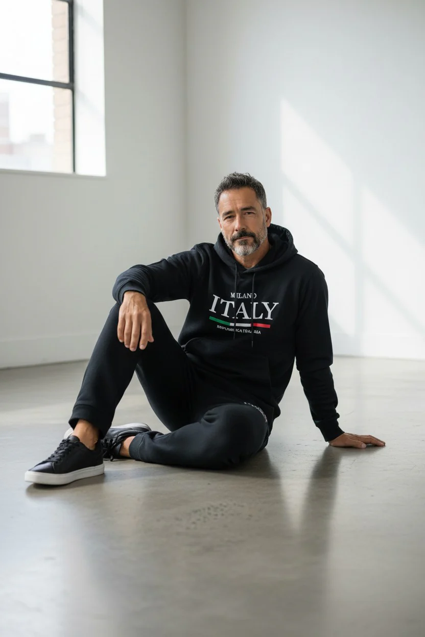 Italy Logo Design Black Men's Hoodie & Pants Set