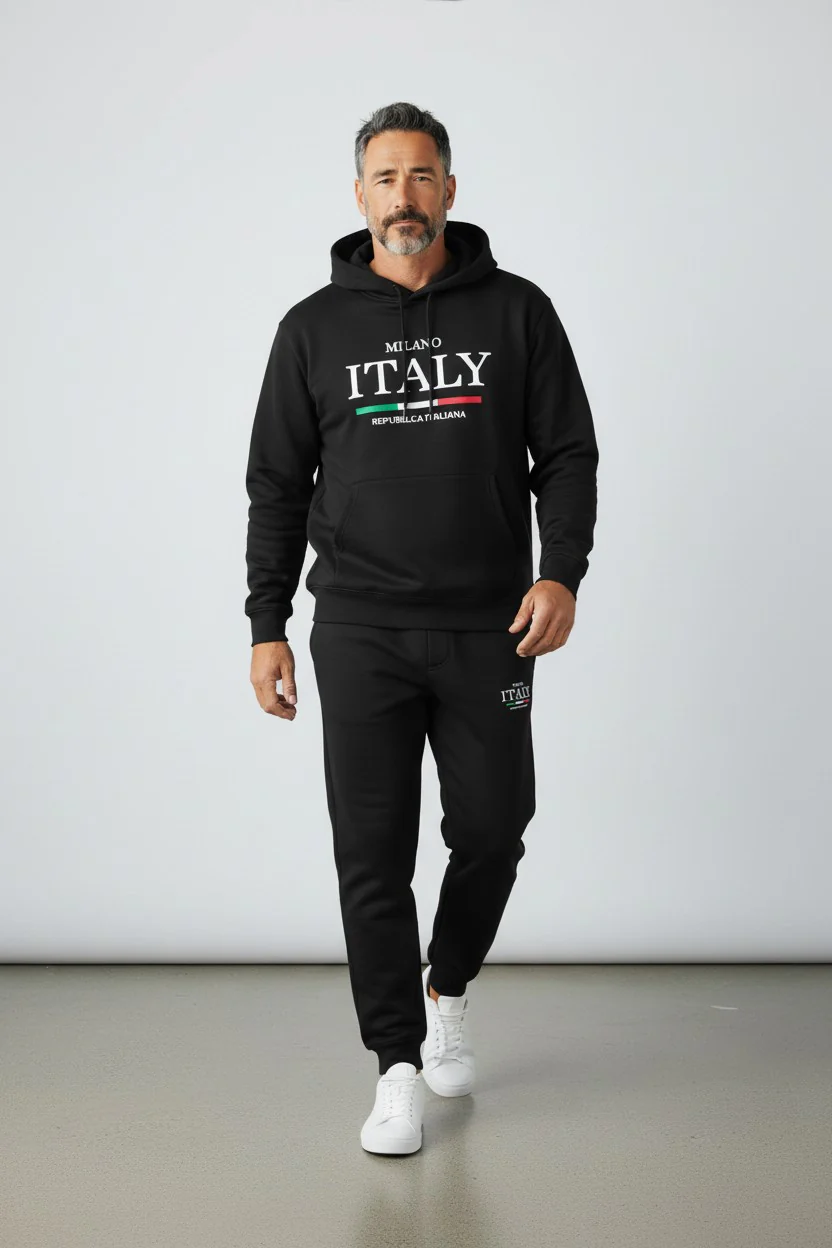 Italy Logo Design Black Men's Hoodie & Pants Set - Image 2