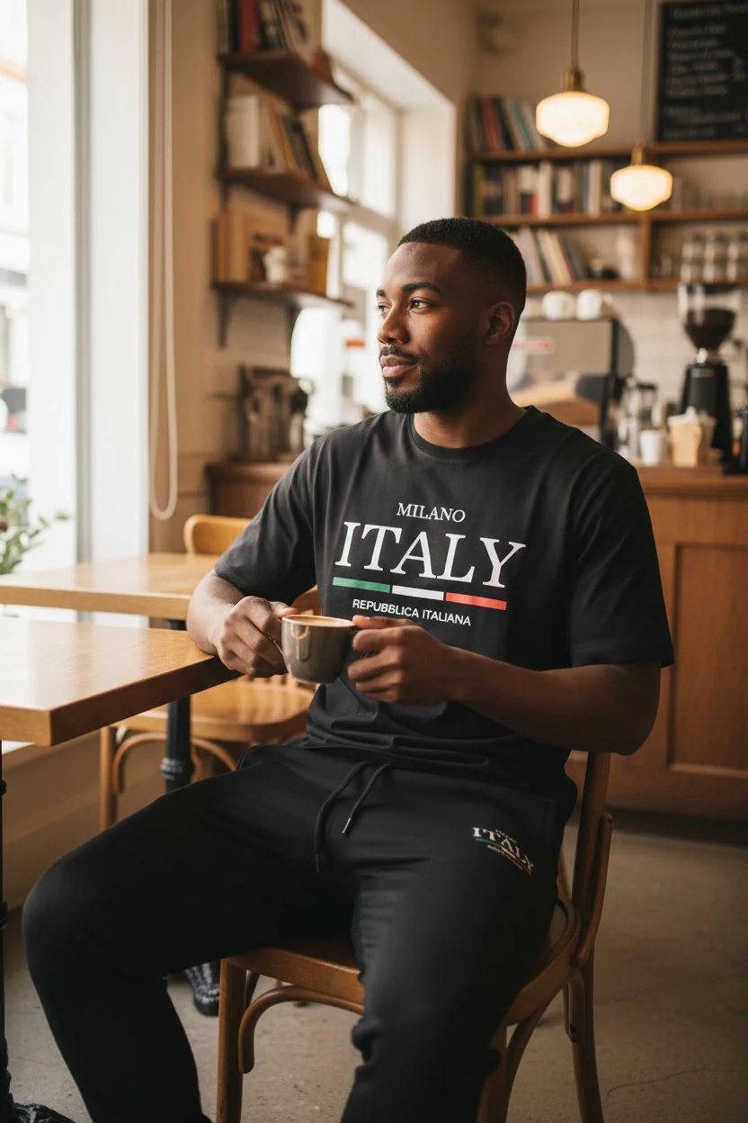 Italy Logo Design Black T-Shirt & Pants Set - Image 2