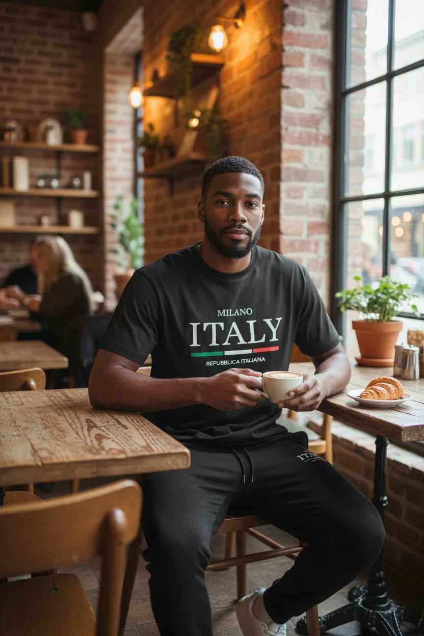 Italy Logo Design Black T-Shirt & Pants Set - Image 3
