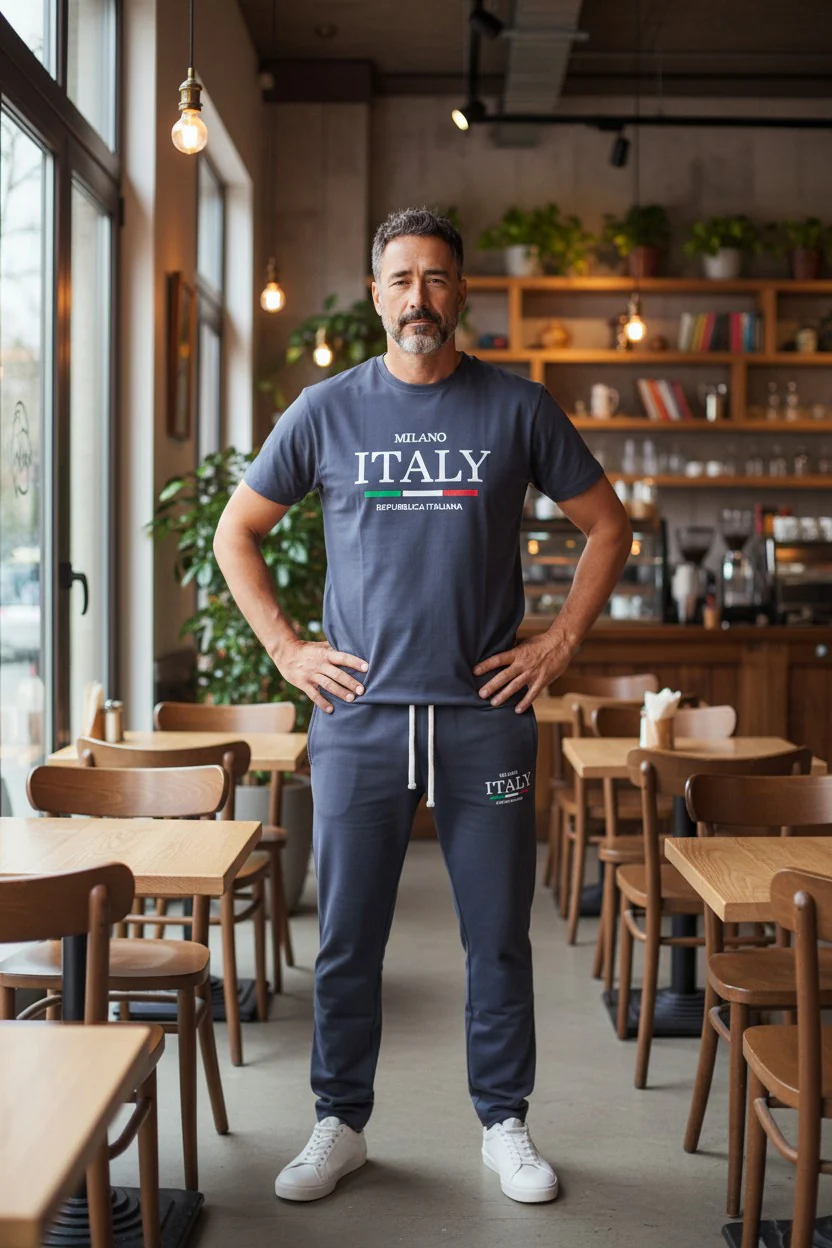 Italy Logo Design Dark Gray T-Shirt & Pants Set - Image 2