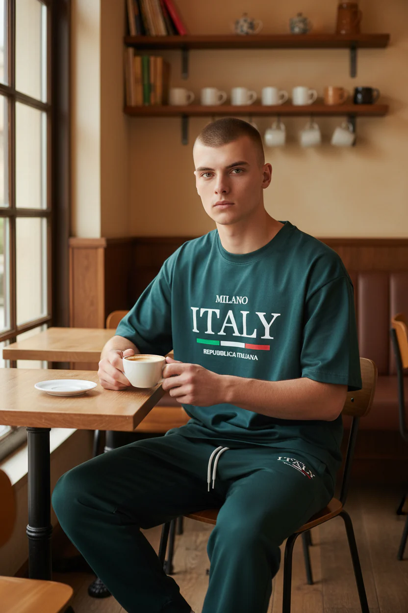Italy Logo Design Green T-Shirt & Pants Set
