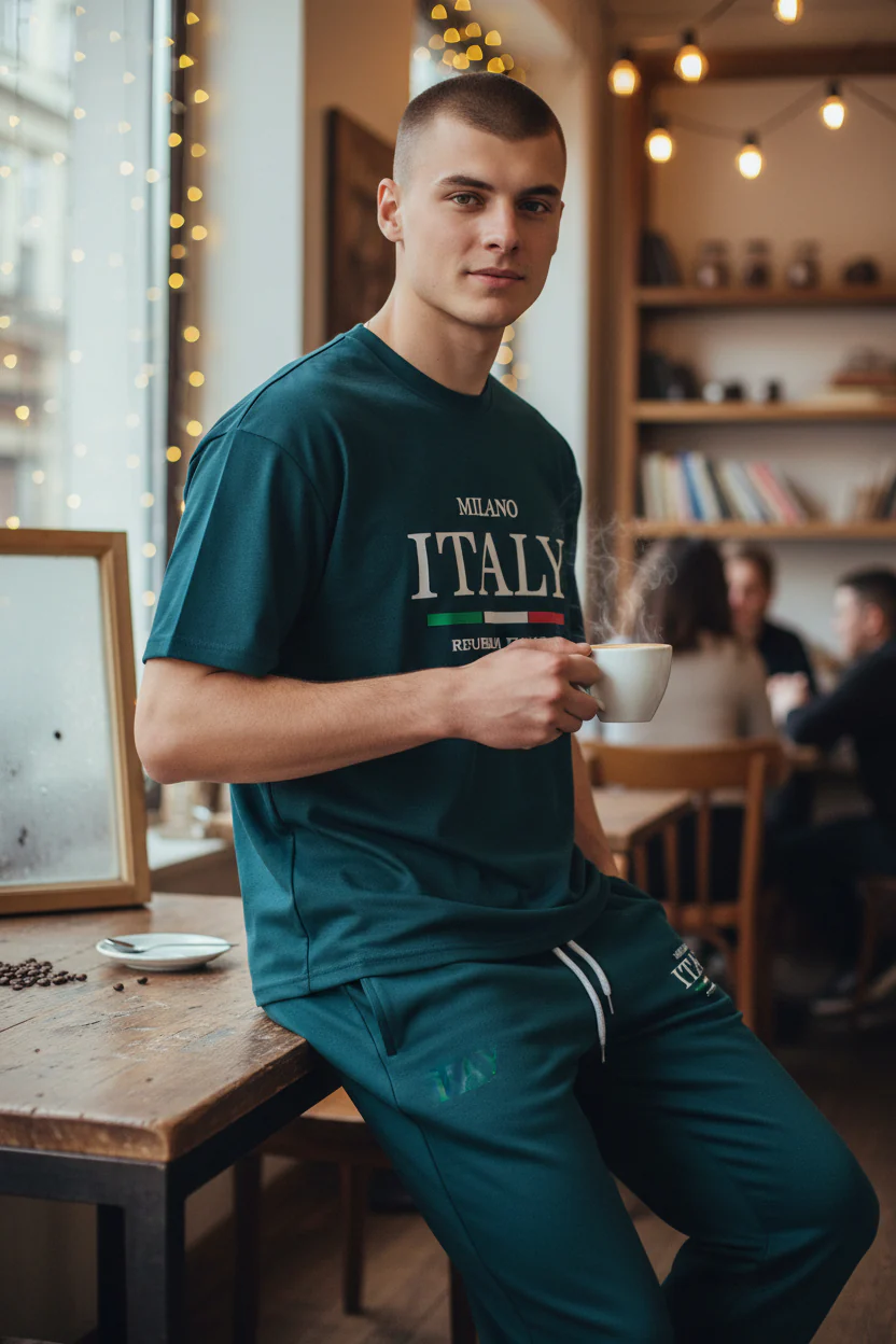 Italy Logo Design Green T-Shirt & Pants Set - Image 2