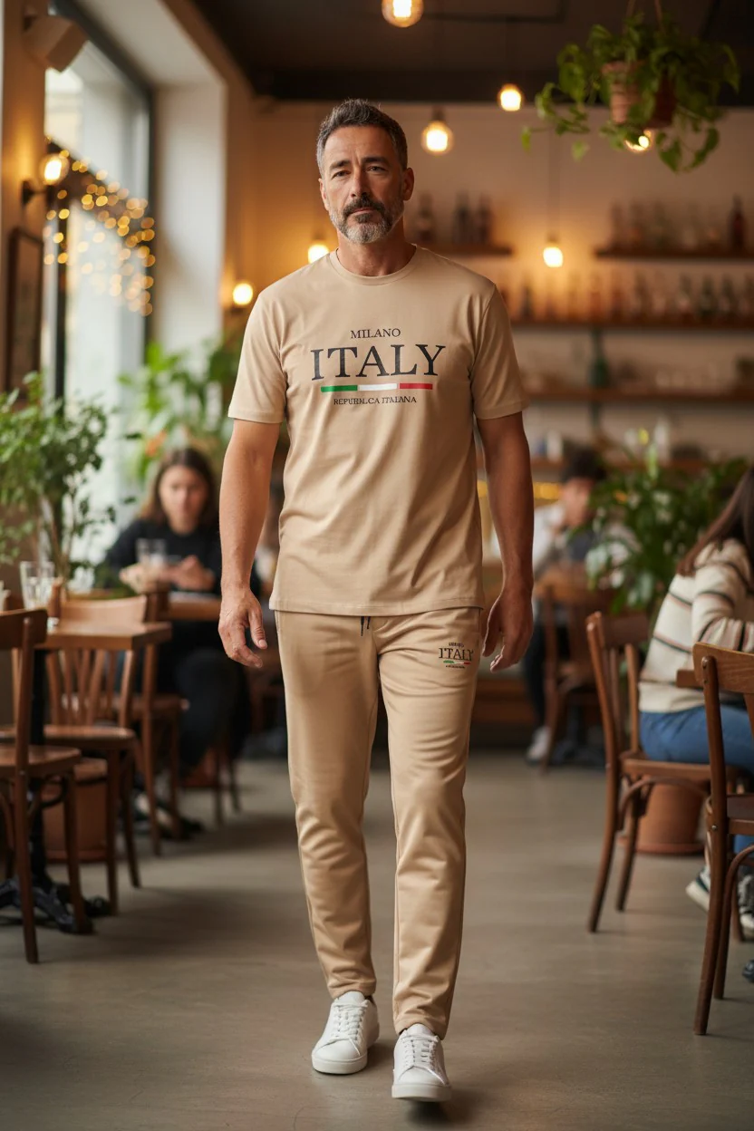 Italy Logo Design Light Beige T-Shirt & Pants Set - Image 2