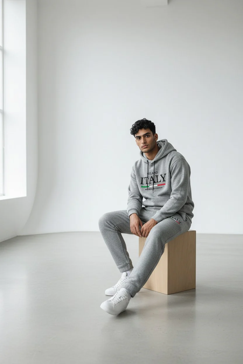 Italy Logo Design Light Gray Men's Hoodie & Pants Set