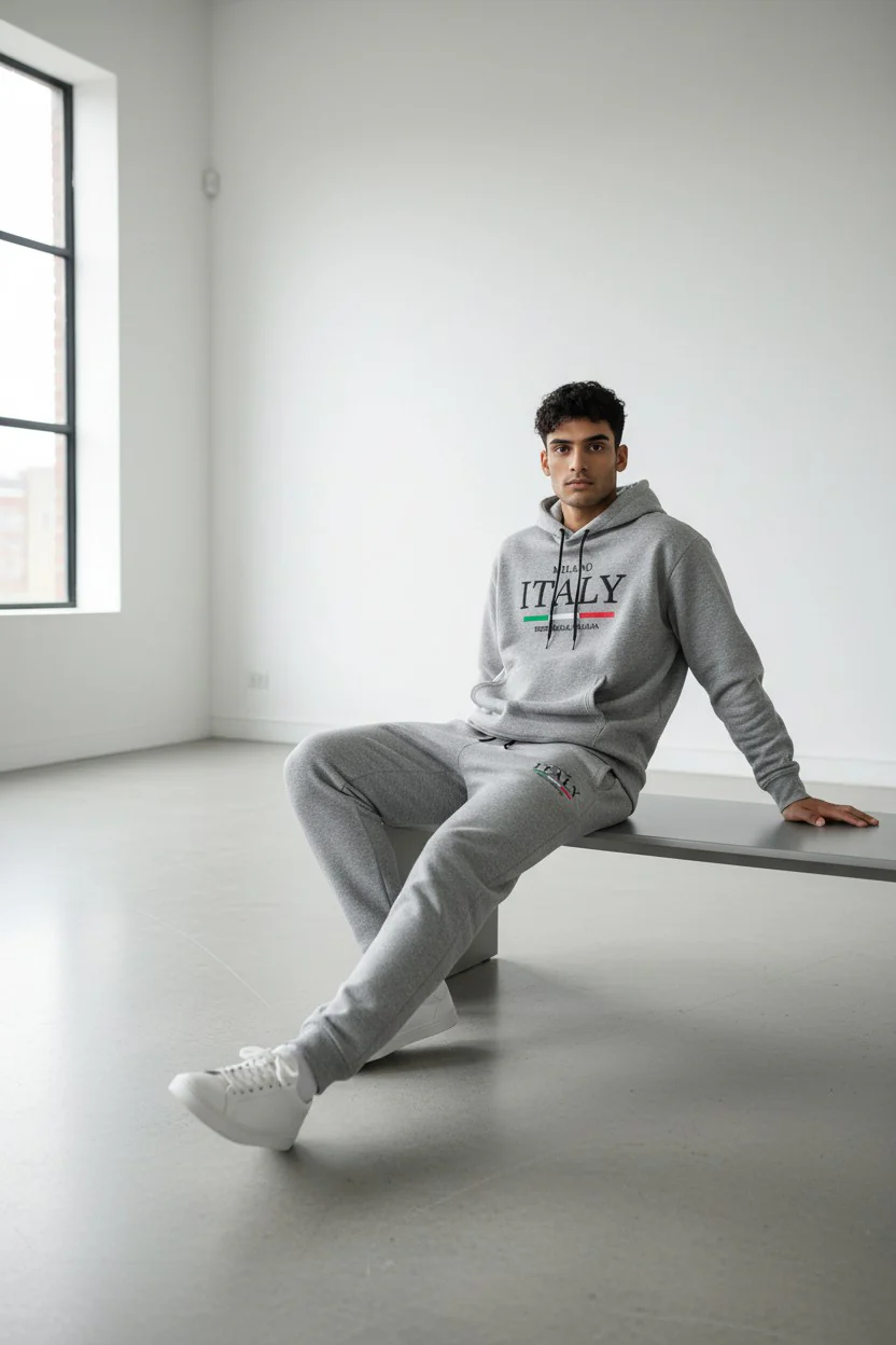Italy Logo Design Light Gray Men's Hoodie & Pants Set - Image 2