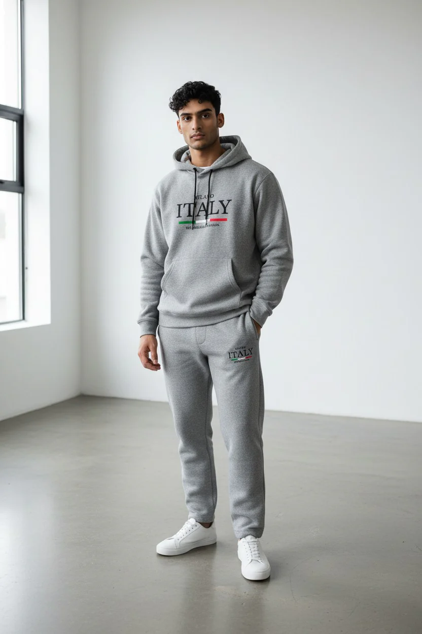 Italy Logo Design Light Gray Men's Hoodie & Pants Set - Image 3