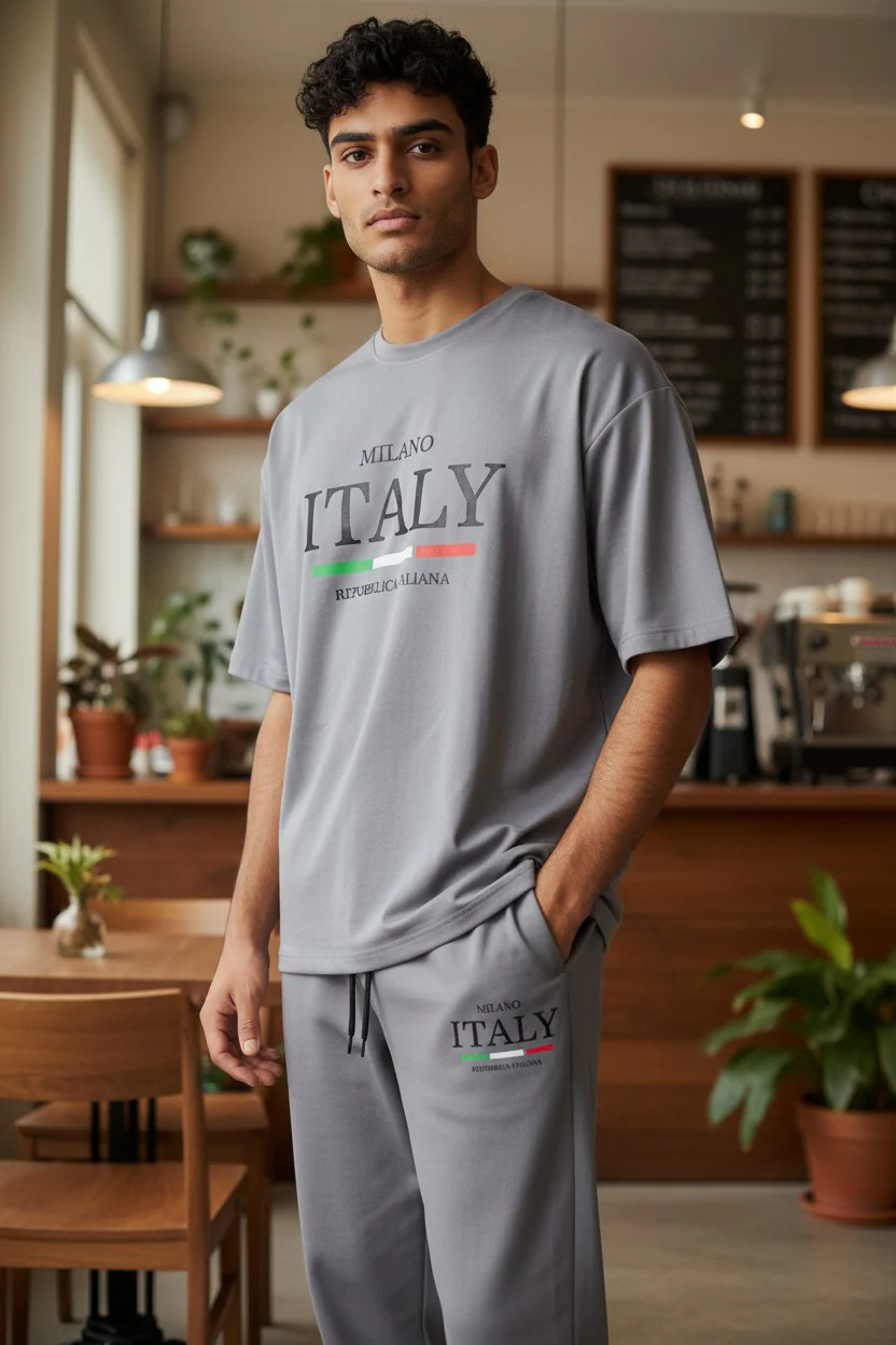 Italy Logo Design Light Gray T-Shirt & Pants Set - Image 2