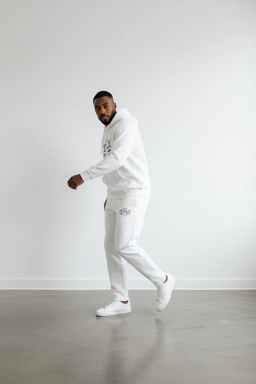 Italy Logo Design White Men's Hoodie & Pants Set - Image 2