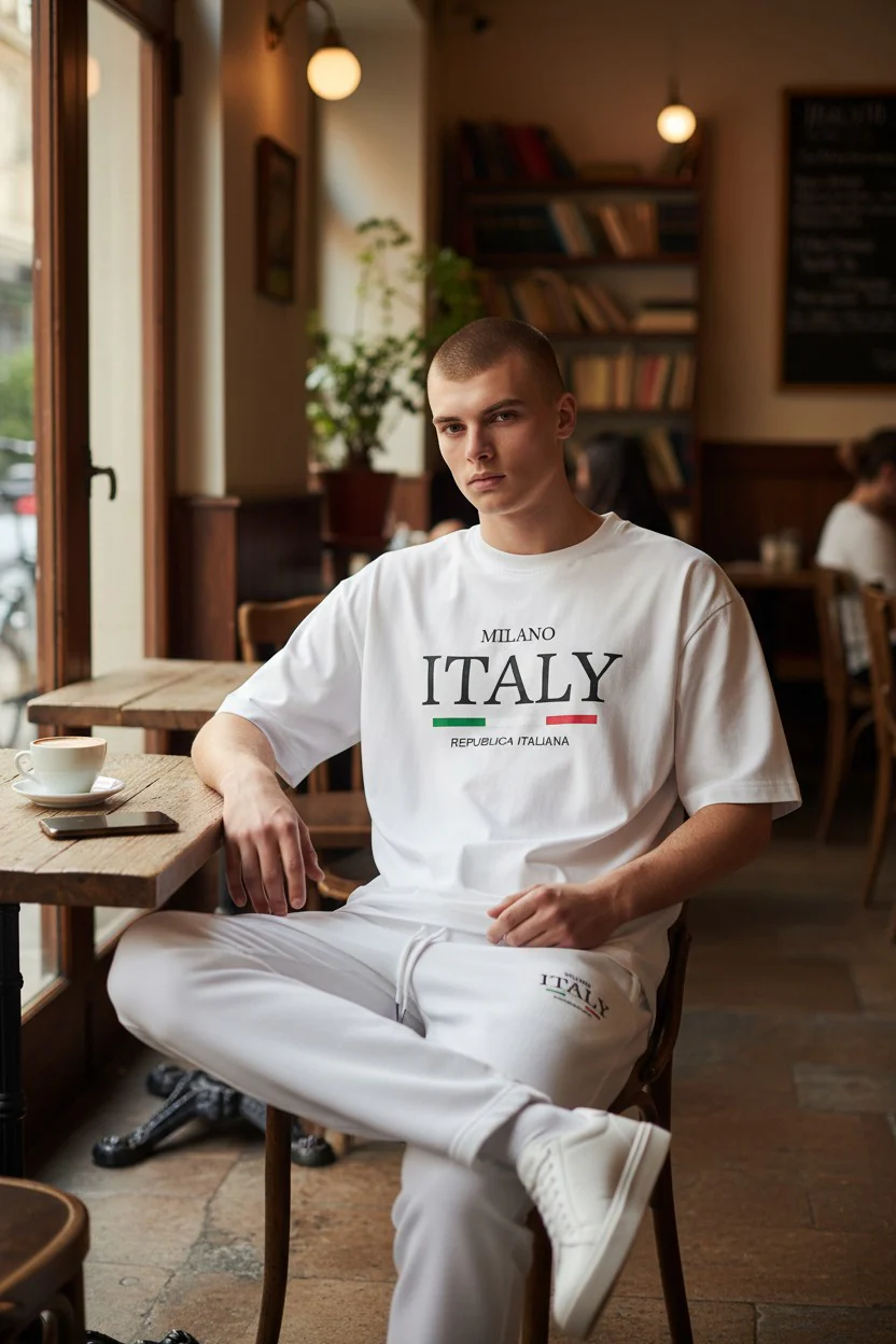 Italy Logo Design White T-Shirt & Pants Set