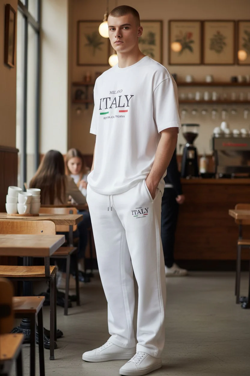 Italy Logo Design White T-Shirt & Pants Set - Image 2