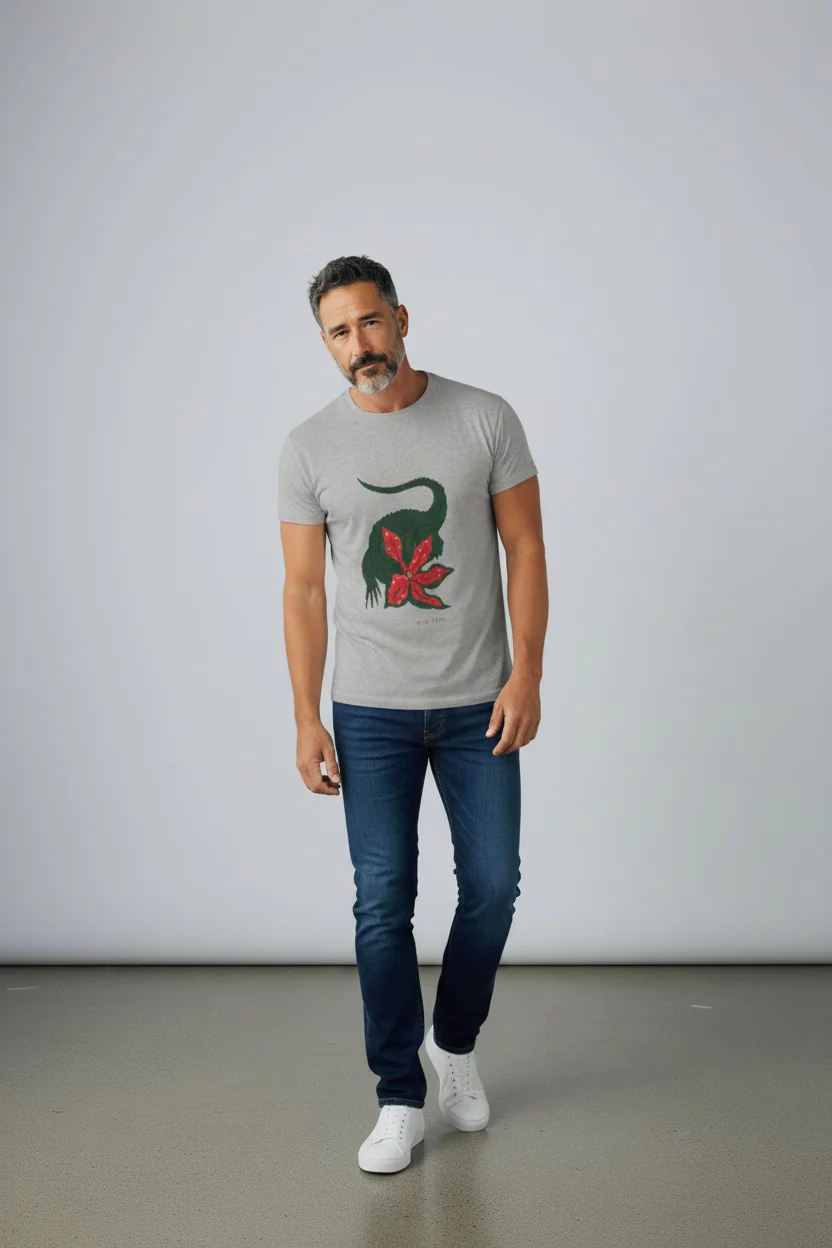 Unisex Gray Graphic T-Shirt – Artistic Crocodile Floral Design - Image 2