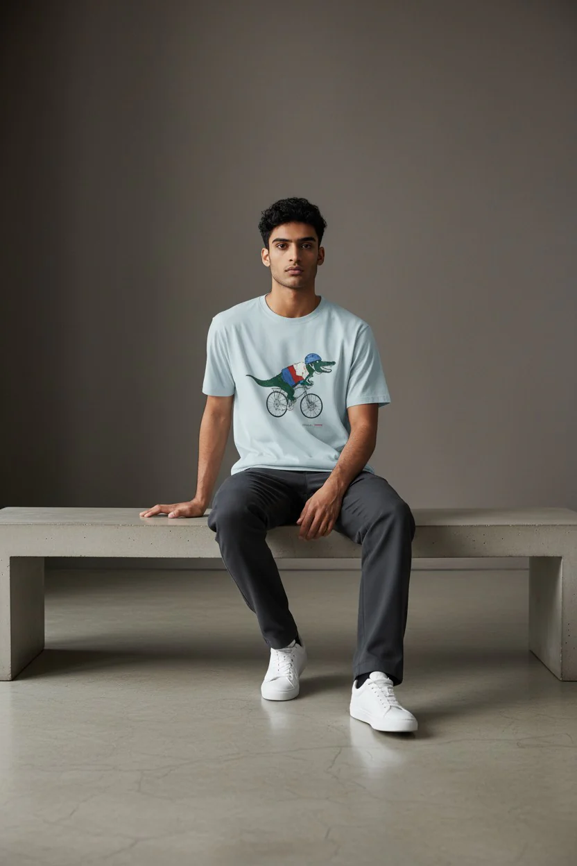 Unisex Light Blue Graphic T-Shirt – Fun Dinosaur Cycling Design