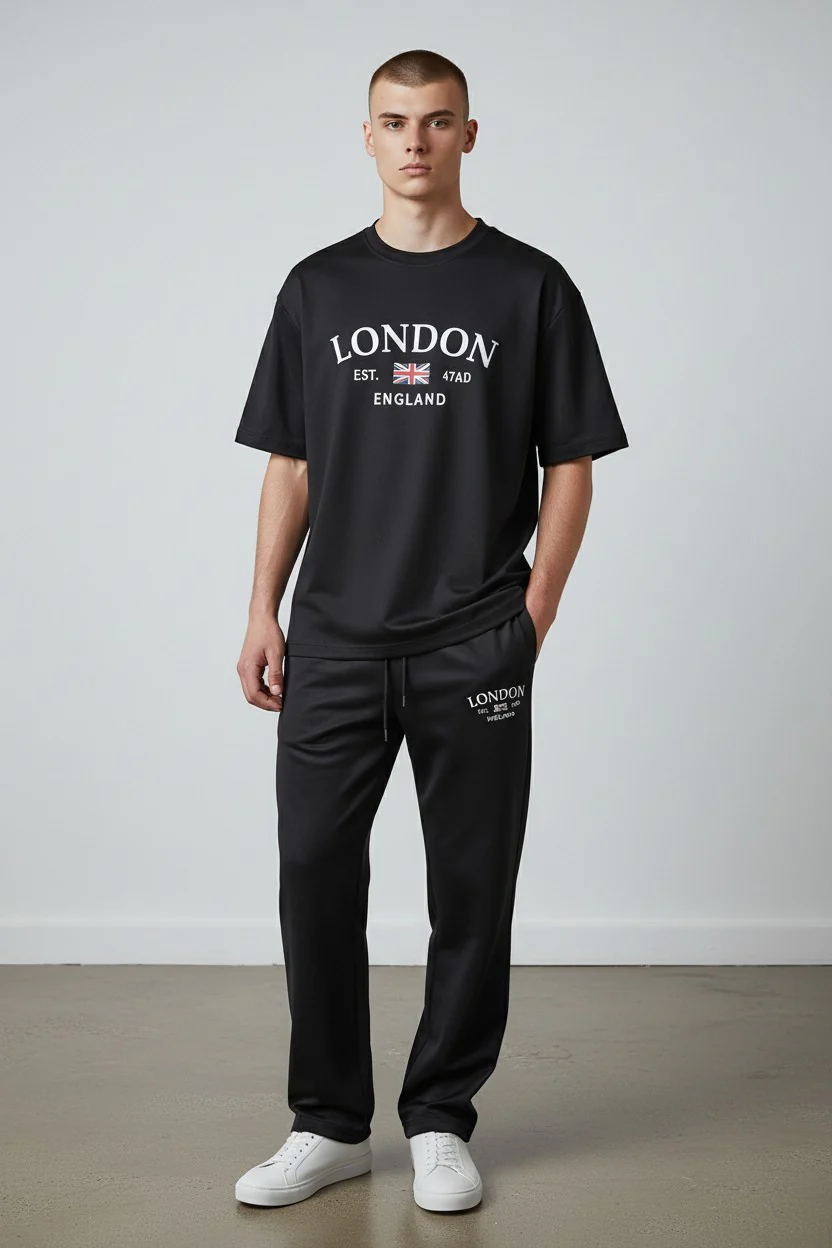 London Logo Design Black T-Shirt & Pants Set
