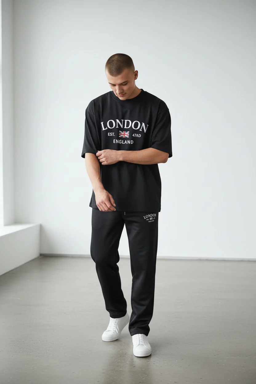 London Logo Design Black T-Shirt & Pants Set - Image 2