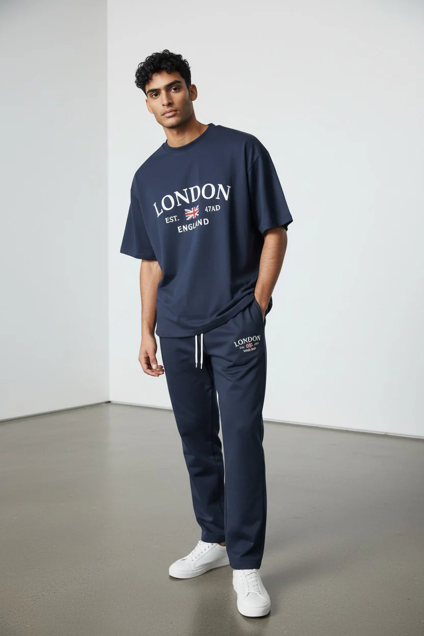 London Logo Design Dark Gray T-Shirt & Pants Set