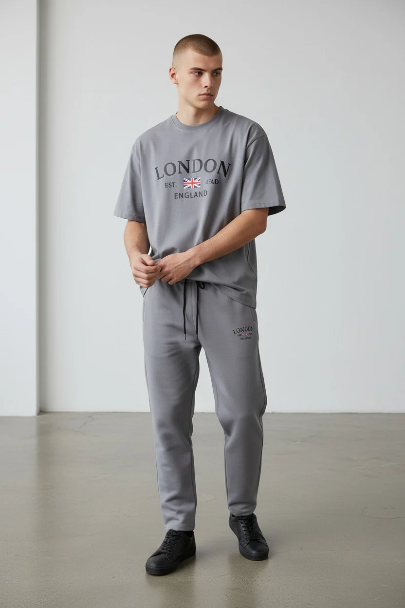 London Logo Design Light Gray T-Shirt & Pants Set
