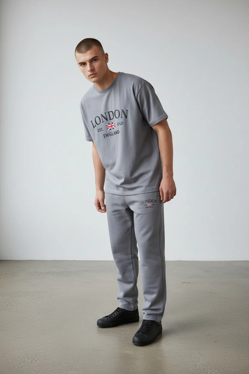 London Logo Design Light Gray T-Shirt & Pants Set - Image 2