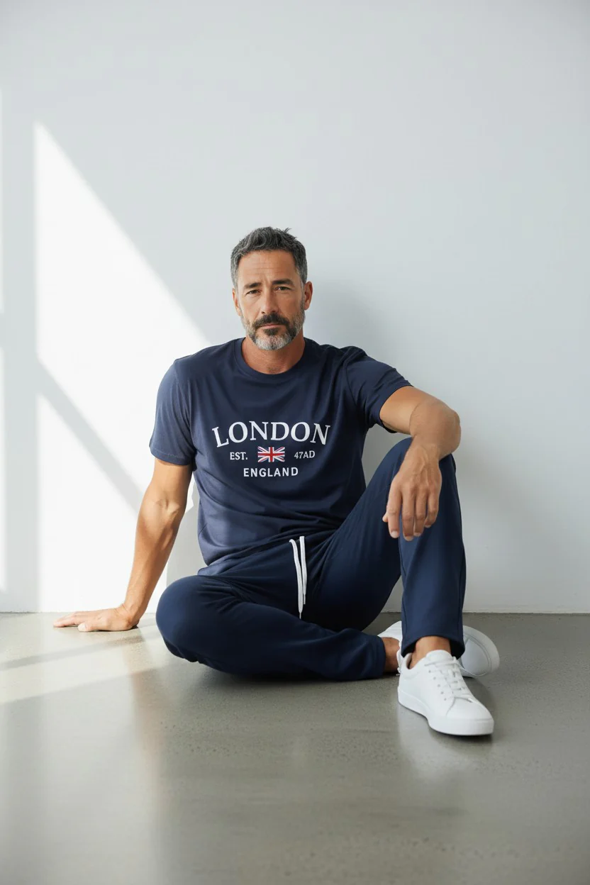 London Logo Design Navy Blue T-Shirt & Pants Set