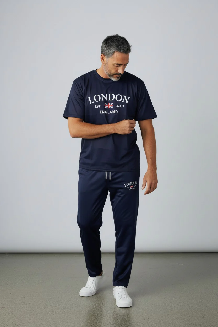 London Logo Design Navy Blue T-Shirt & Pants Set - Image 2