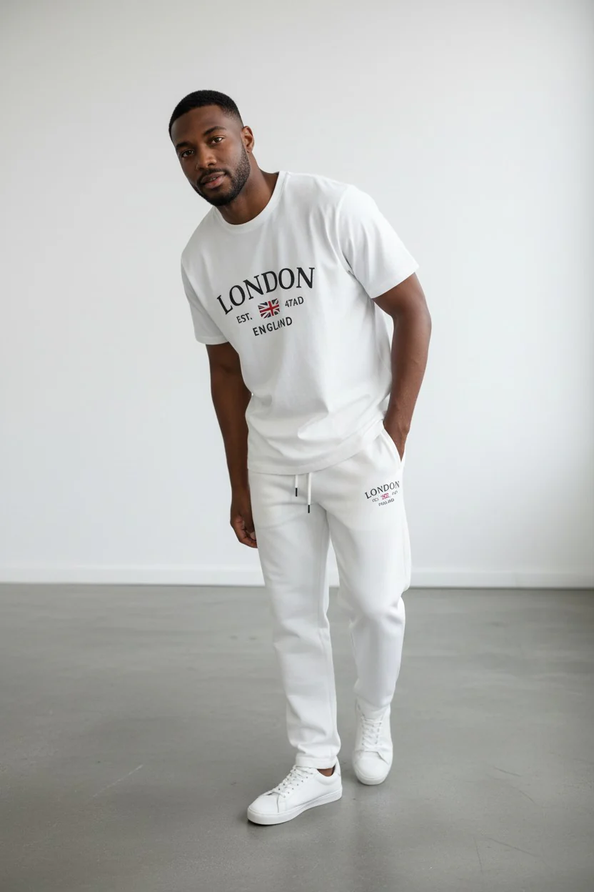 London Logo Design White T-Shirt & Pants Set