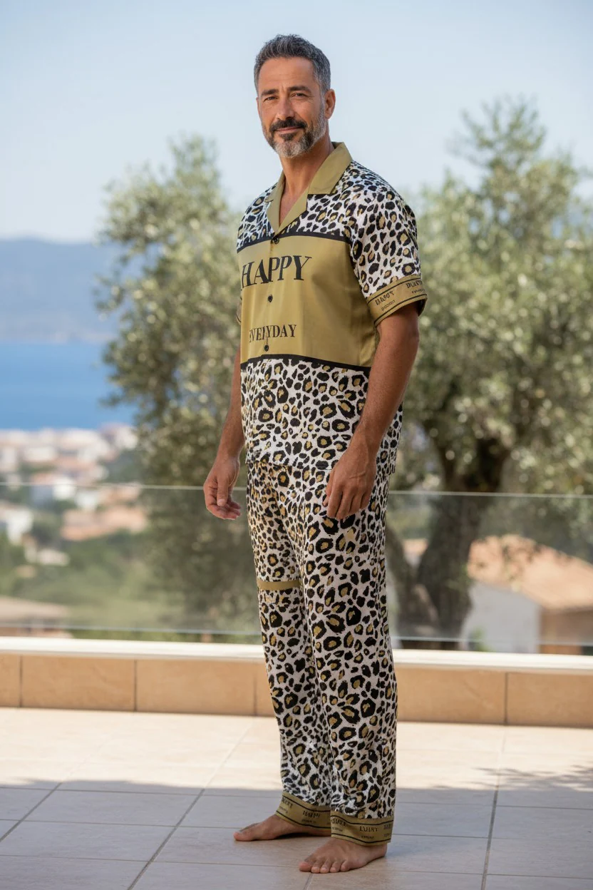 Monza Italy Men’s Gold Leopard Print Sleepwear Set - Image 2